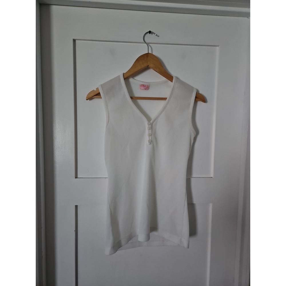 Vintage 90s White Ribbed Henley Tank Top Sleeveless Button V Neck Y2K Coquette S